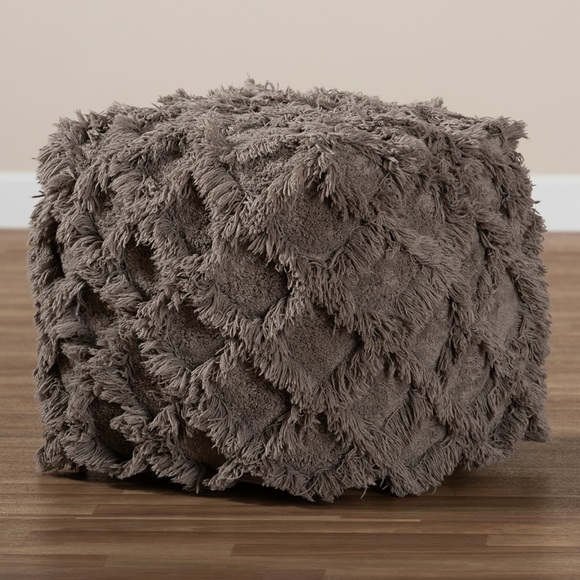 BAXTON STUDIO ASUKA MOROCCAN INSPIRED TAUPE HANDWOVEN COTTON FRINGE POUF OTTOMAN - Picture 1 of 6